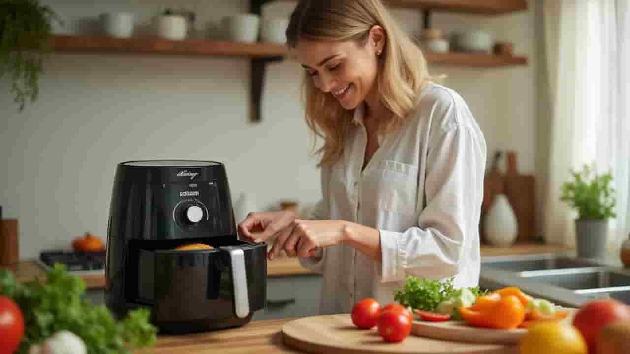 Air Fryer ile yemek yapan mutlu kadın